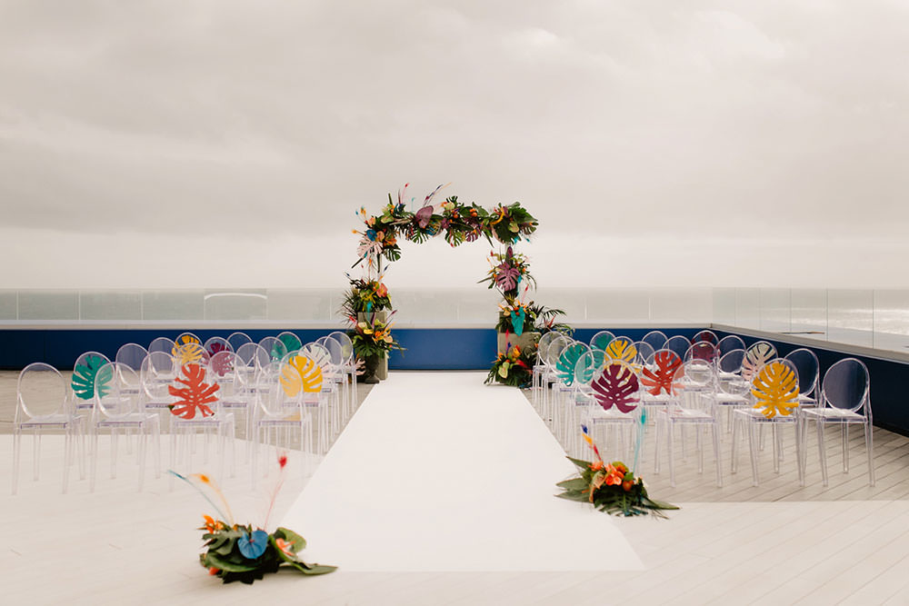 Colorful Destination Elopement Bride Aisle Ceremony Arch Palm Leaves | Tropical Industrial Canary Islands Wedding Ideas Moana Photography