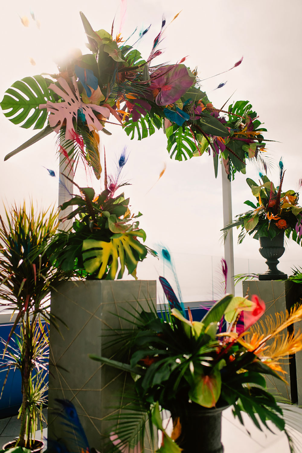 Colorful Destination Elopement Aisle Ceremony Arch Palm Leaves | Tropical Industrial Canary Islands Wedding Ideas Moana Photography