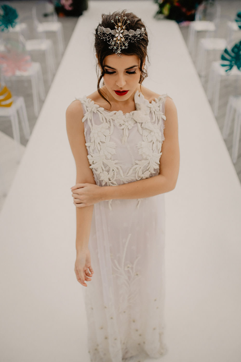 Colorful Destination Elopement Bride Headpieces Aisle Ceremony Arch Palm Leaves | Tropical Industrial Canary Islands Wedding Ideas Moana Photography