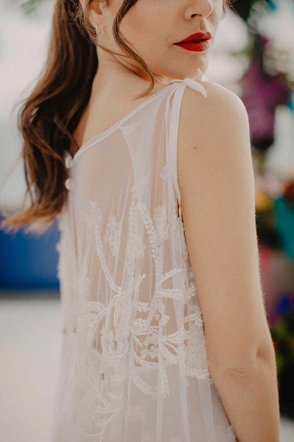Colorful Destination Elopement Bride Embroidered Cape Red Lipstick | Tropical Industrial Canary Islands Wedding Ideas Moana Photography