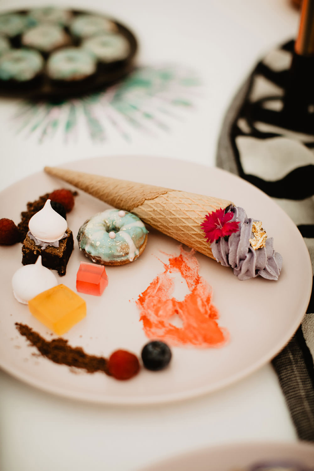 Colorful Destination Elopement Blue Doughnuts Fresh Flowers Dessert Table Cone | Tropical Industrial Canary Islands Wedding Ideas Moana Photography