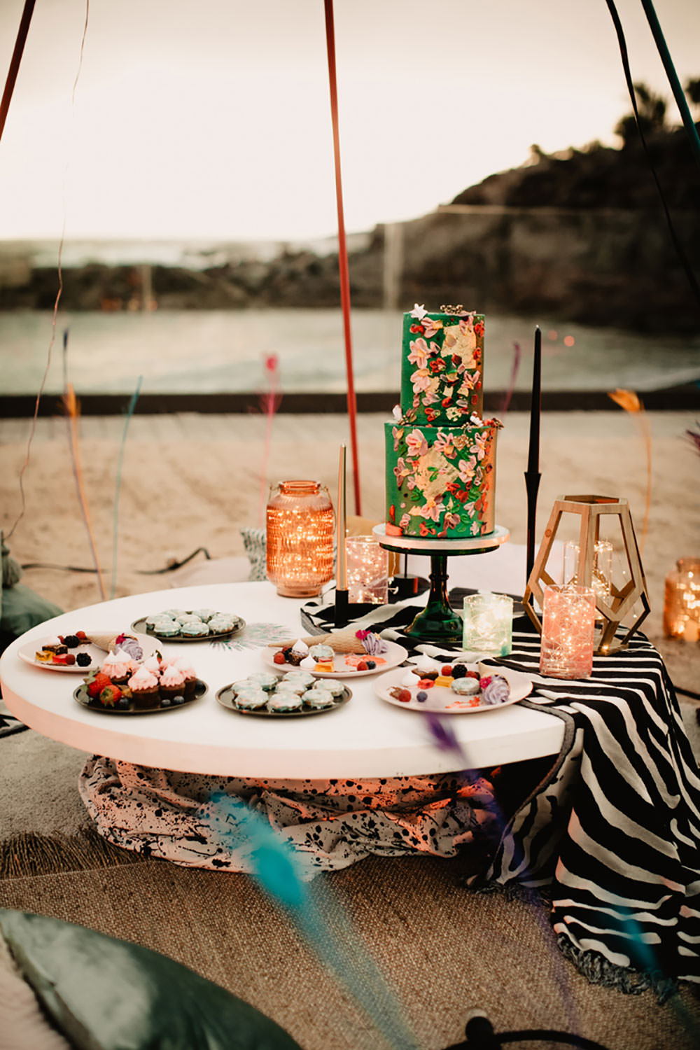 Colorful Destination Elopement Blue Doughnuts Fresh Flowers Dessert Table Green Floral Boho Cake | Tropical Industrial Canary Islands Wedding Ideas Moana Photography