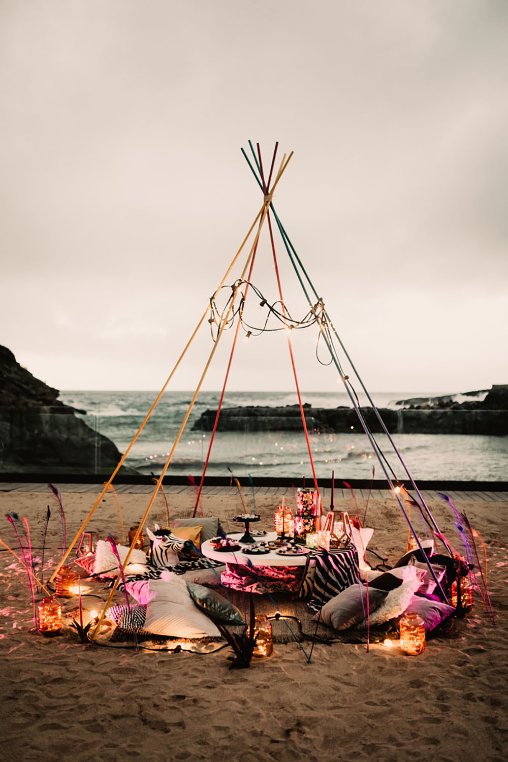Colorful Destination Elopement Fresh Flowers Dessert Table Green Floral Boho Cake Beach Tipi | Tropical Industrial Canary Islands Wedding Ideas Moana Photography