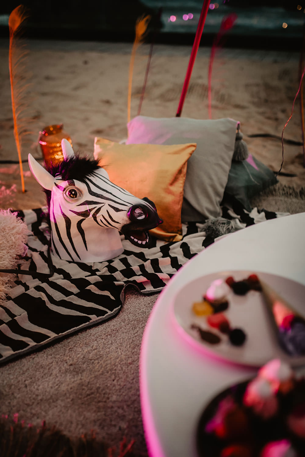 Colorful Destination Elopement Fresh Flowers Dessert Table Boho Beach Tipi Zebra Mask | Tropical Industrial Canary Islands Wedding Ideas Moana Photography