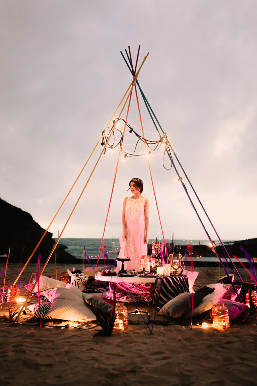 Colorful Destination Elopement Fresh Flowers Dessert Table Boho Beach Tipi Zebra Mask | Tropical Industrial Canary Islands Wedding Ideas Moana Photography