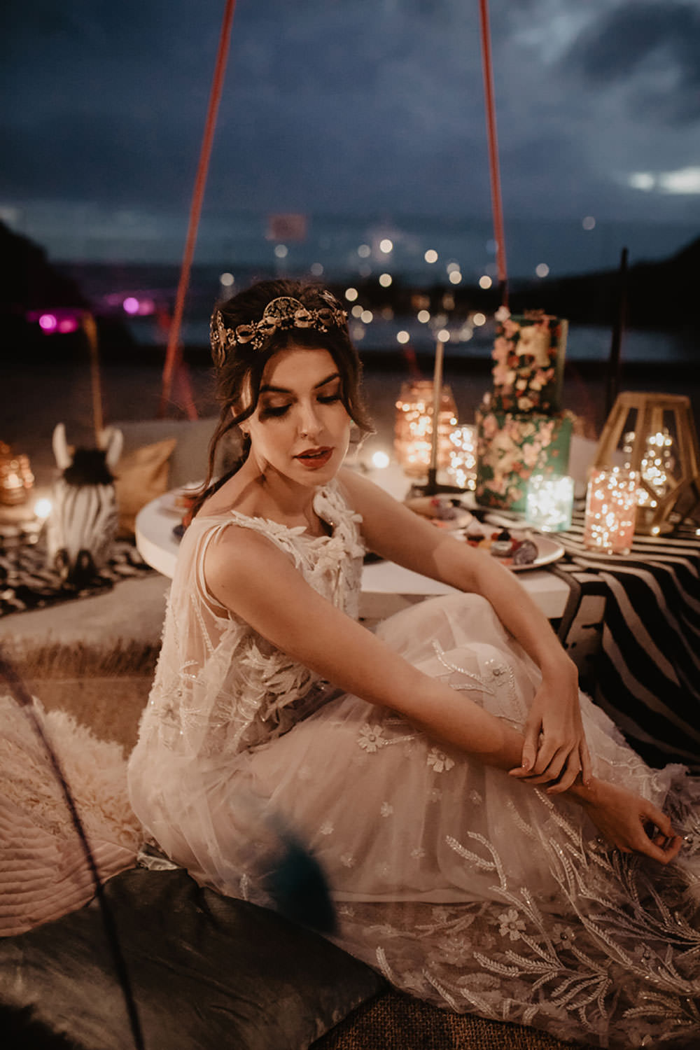 Colorful Destination Elopement Boho Beach Tipi Bridal Headpiece | Tropical Industrial Canary Islands Wedding Ideas Moana Photography