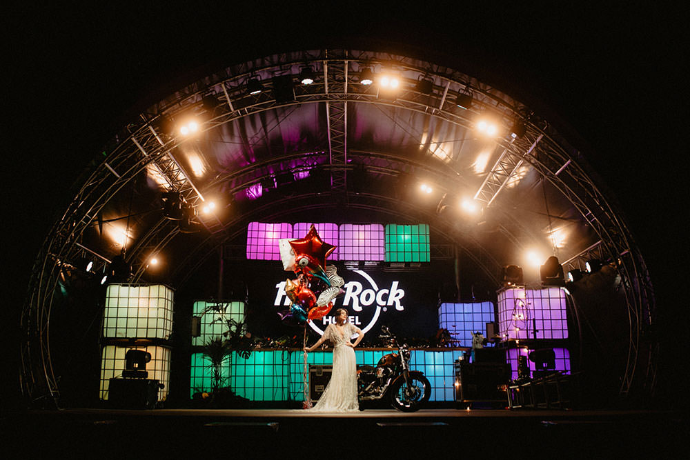Colorful Destination Elopement Hard Rock Hotel Stage Motorcycle Lights Balloons | Tropical Industrial Canary Islands Wedding Ideas Moana Photography