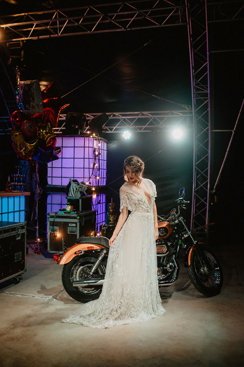 Colorful Destination Elopement Hard Rock Hotel Stage Motorcycle Lights Balloons | Tropical Industrial Canary Islands Wedding Ideas Moana Photography