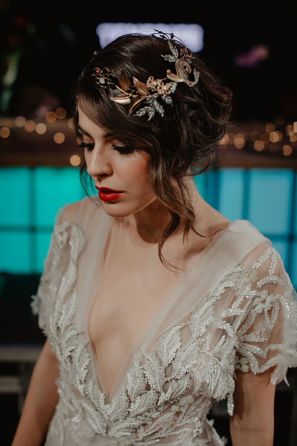 Headpiece Colorful Destination Elopement Hard Rock Hotel Stage Bridal Headpiece Plunge Dress | Tropical Industrial Canary Islands Wedding Ideas Moana Photography