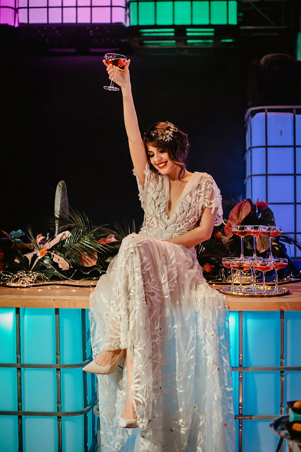 Colorful Destination Elopement Hard Rock Hotel Champagne Tower Stage Bridal Headpiece | Tropical Industrial Canary Islands Wedding Ideas Moana Photography
