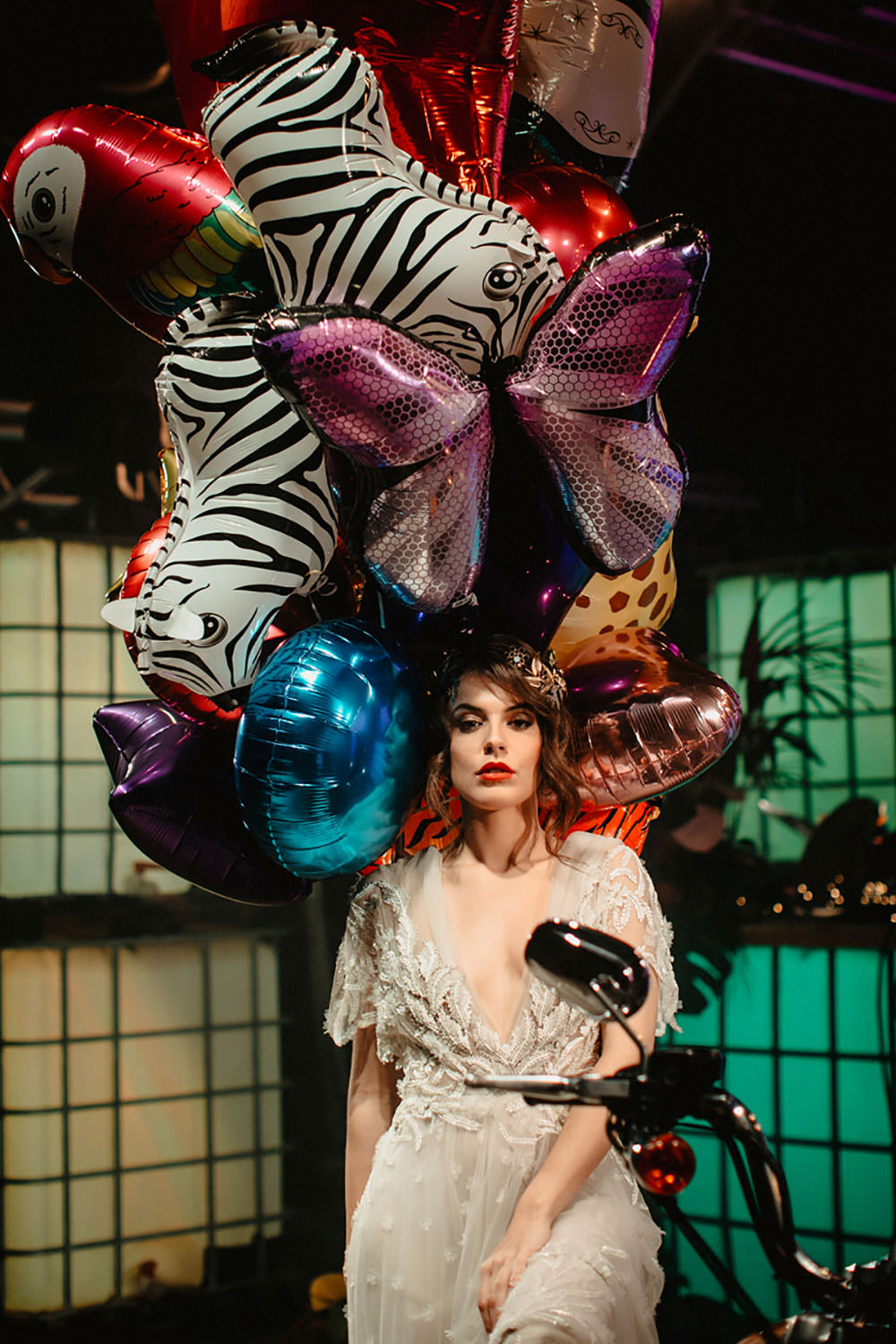 Colorful Destination Elopement Hard Rock Hotel Zebra Balloon Bridal Headpiece Plunge Dress | Tropical Industrial Canary Islands Wedding Ideas Moana Photography