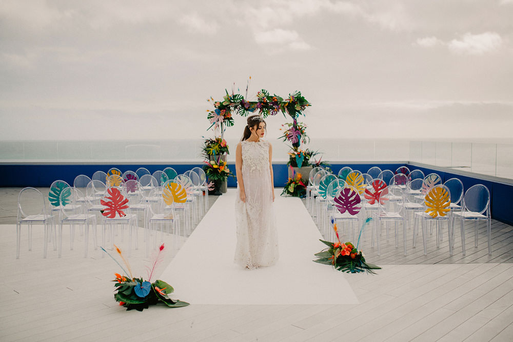 Colorful Destination Elopement Bride Headpiece Aisle Ceremony Arch Pony Tail | Tropical Industrial Canary Islands Wedding Ideas Moana Photography