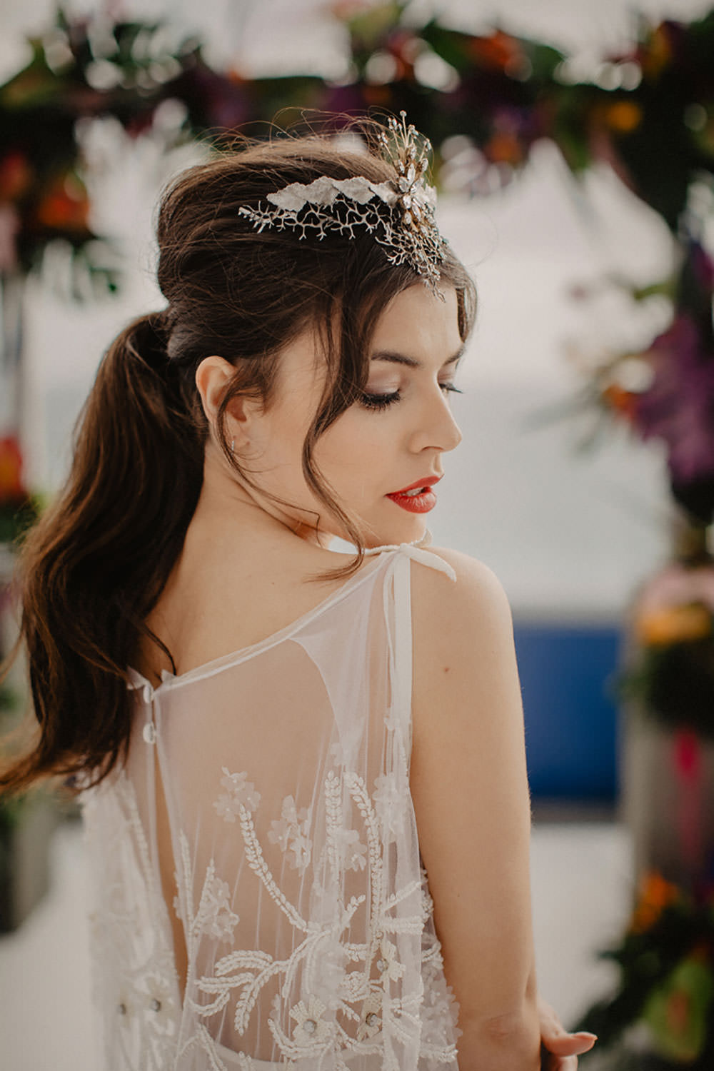 Colorful Destination Elopement Bride Headpiece Aisle Ceremony Pony Tail | Tropical Industrial Canary Islands Wedding Ideas Moana Photography