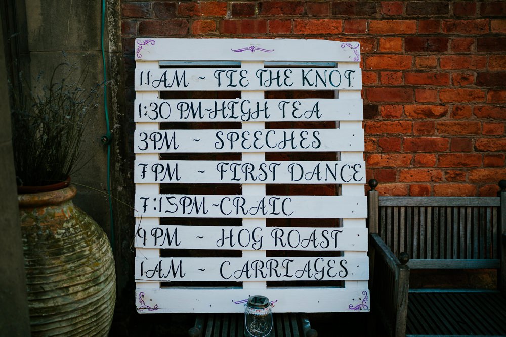 Painted Wooden Pallet Sign Order Timings Walcot Hall Wedding Shropshire Bridgwood Wedding Photography