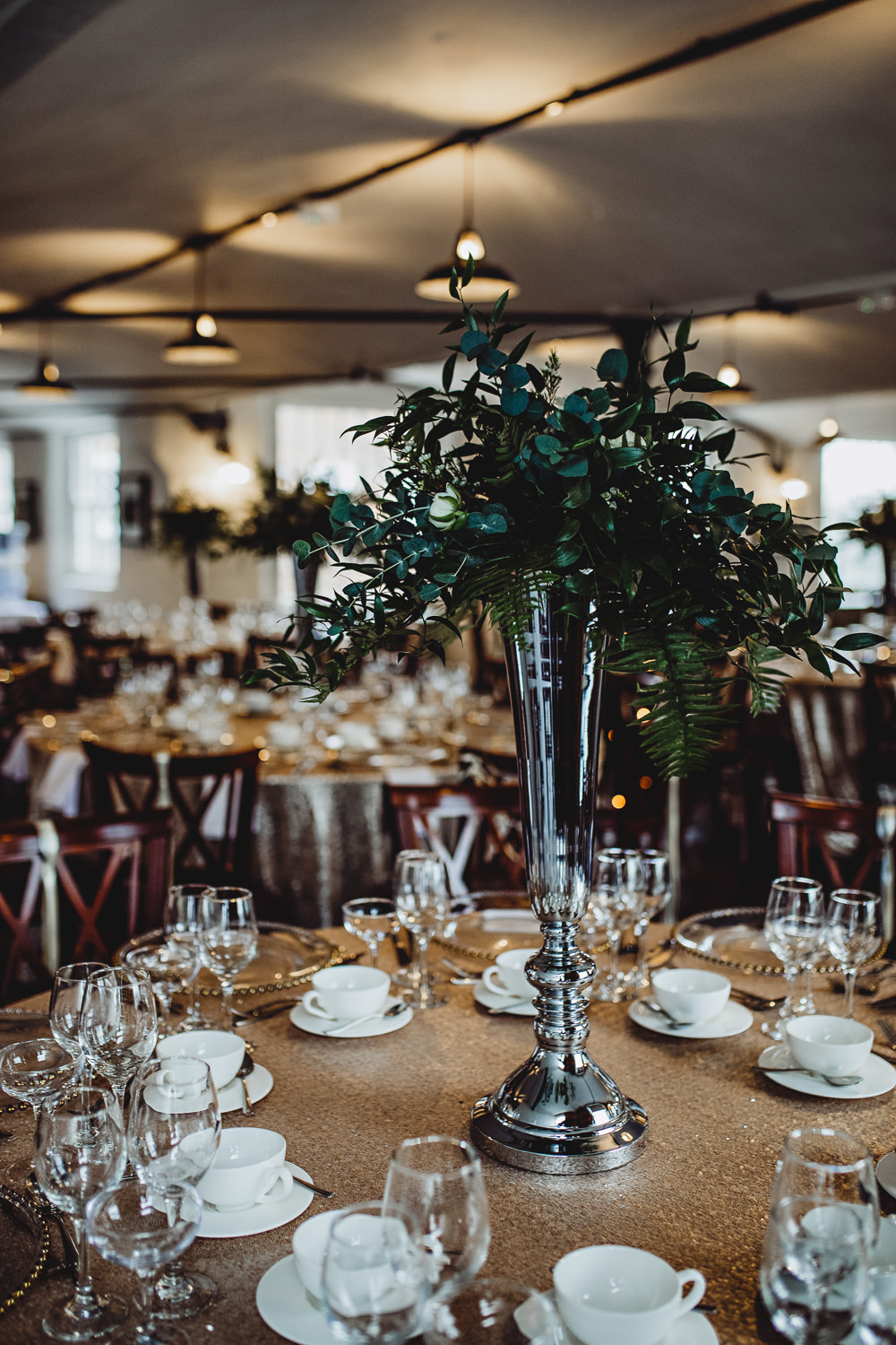 Tall Flower Arrangement Greenery Foliage Centrepiece West Mill Wedding HBA Photography