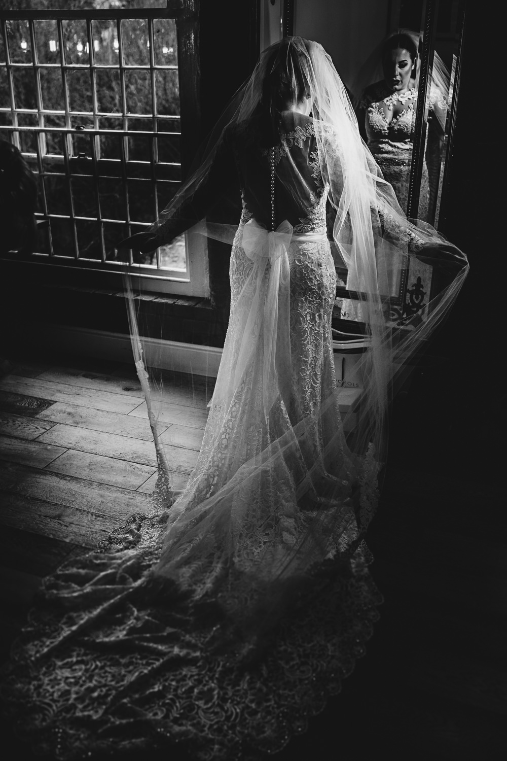 Lace Dress Gown Bride Bridal Veil Train Sleeves Bow Back West Mill Wedding HBA Photography