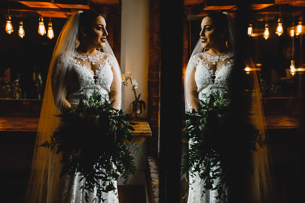 Lace Dress Gown Bride Bridal Veil Train Sleeves Bow Back Greenery Bouquet West Mill Wedding HBA Photography