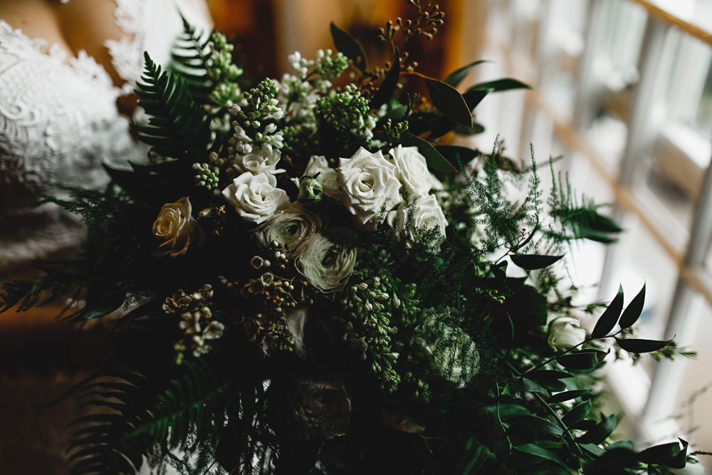 Bouquet Flowers Bride Bridal Greenery Foliage Winter White Rose West Mill Wedding HBA Photography