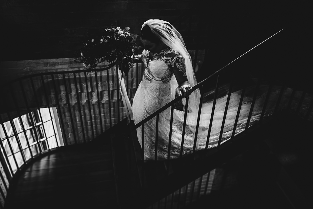 Lace Dress Gown Bride Bridal Veil Train Sleeves Bow Back West Mill Wedding HBA Photography