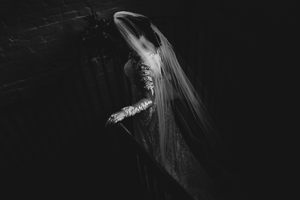 Lace Dress Gown Bride Bridal Veil Train Sleeves Bow Back West Mill Wedding HBA Photography