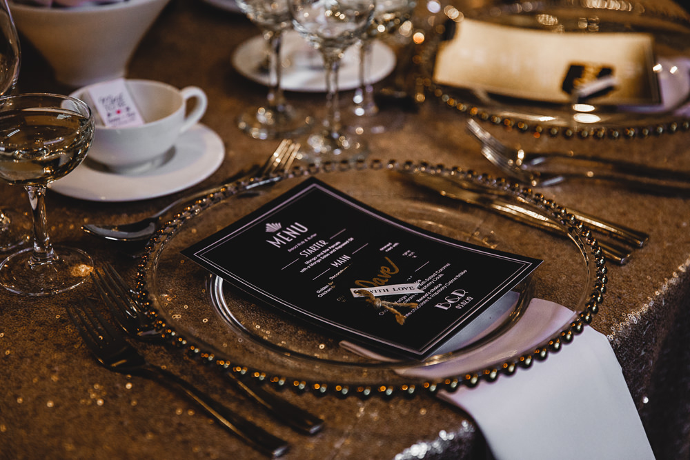 Place Setting Menu Charger Plates Gold Sequin West Mill Wedding HBA Photography