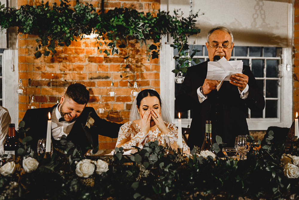 Top Table Greenery Foliage Flowers Arrangement West Mill Wedding HBA Photography