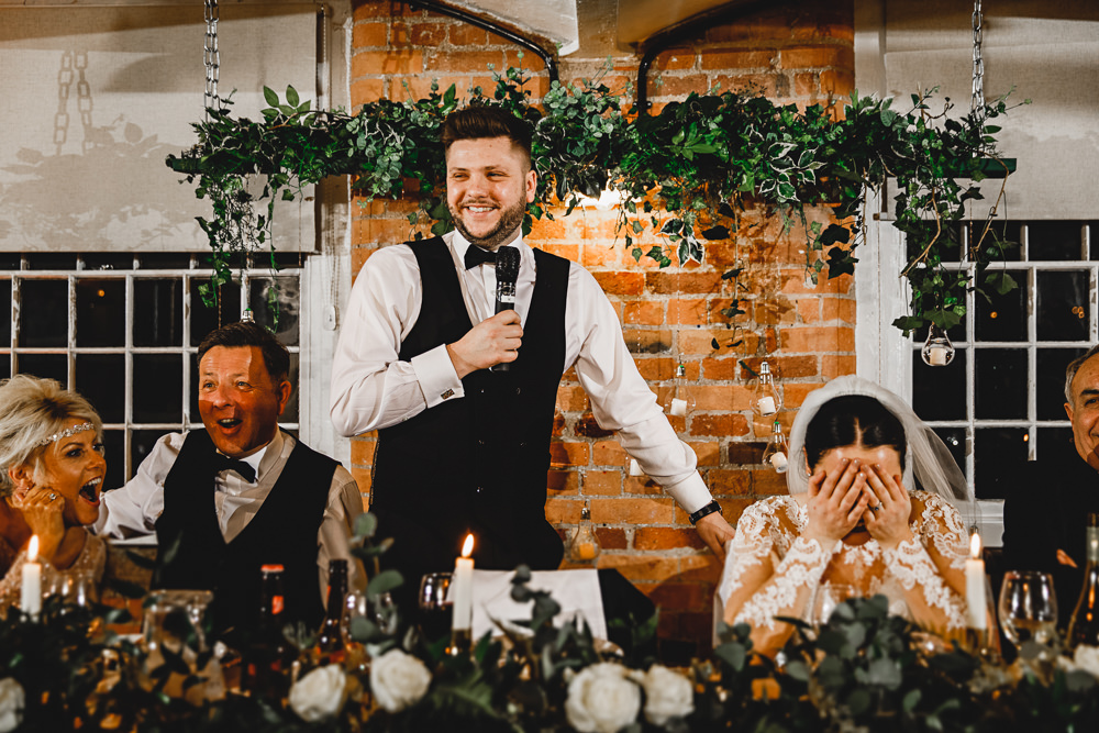 Top Table Greenery Foliage Flowers Arrangement West Mill Wedding HBA Photography
