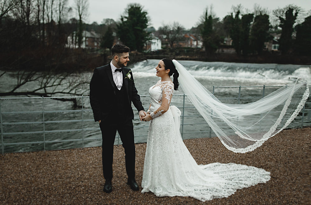 Lace Dress Gown Bride Bridal Veil Train Sleeves Bow Back West Mill Wedding HBA Photography