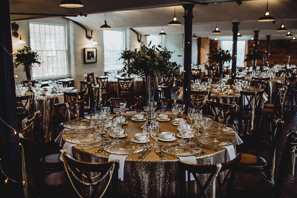 Sequin Tablecloths Tall Greenery Flowers Tables West Mill Wedding HBA Photography