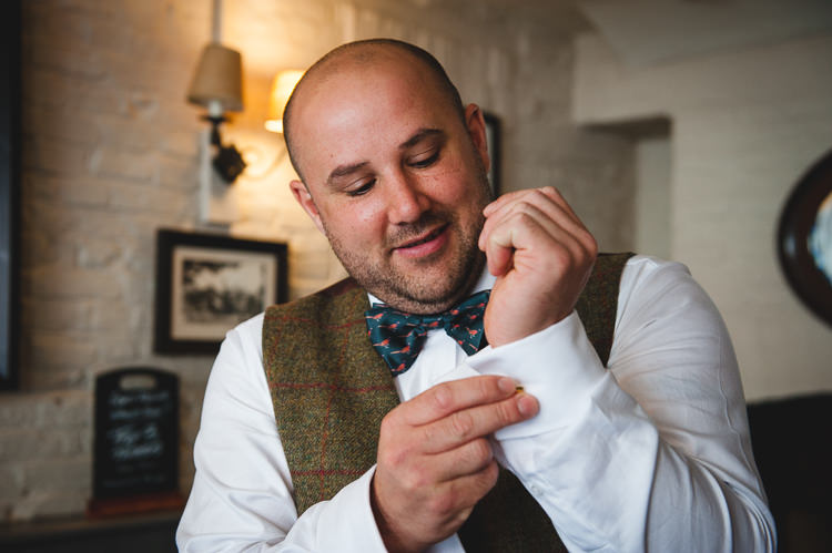 Bow Tie Groom Tweed Waistcoat Suit Brown Groomsmen Wick Bottom Barn Wiltshire Wedding Heline Bekker Photography