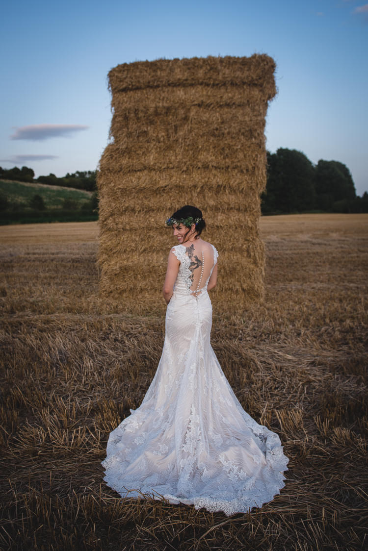 Illusion Back Dress Gown Button Tattoo Bride Bridal Train Wick Bottom Barn Wiltshire Wedding Heline Bekker Photography