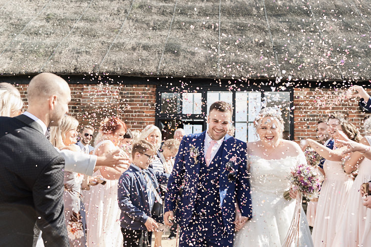 Bride Bridal A Line Sleeved Dress Gown Lace Off the Shoulder French Connection Groom Blue Waistcoat Three Piece Pink Tie Confetti Wood Farm Barn Wedding Suffolk Faye Amare Photography