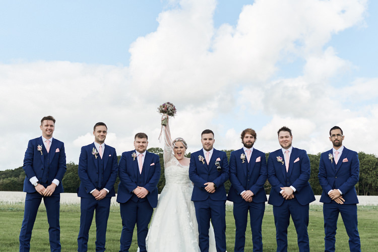 Bride Bridal A Line Sleeved Dress Gown Lace Off the Shoulder French Connection Groom Blue Waistcoat Three Piece Pink Tie Groomsmen Wood Farm Barn Wedding Suffolk Faye Amare Photography