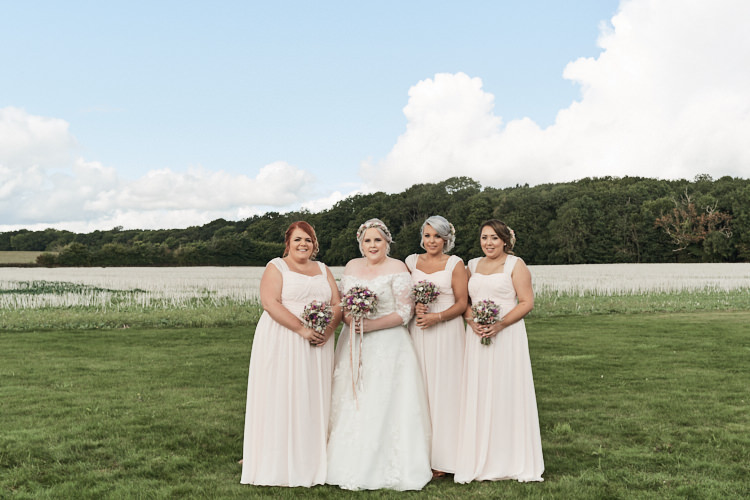 Bride Bridal A Line Sleeved Dress Gown Lace Off the Shoulder Pink Blush Dusky Bridesmaids Dried Flower Bouquets Wood Farm Barn Wedding Suffolk Faye Amare Photography