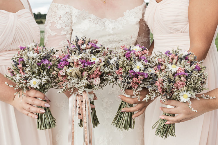 Bride Bridesmaids Pink Dusky Blush Dried Flower Bouquet Meadow Wildflower Ribbons Wood Farm Barn Wedding Suffolk Faye Amare Photography
