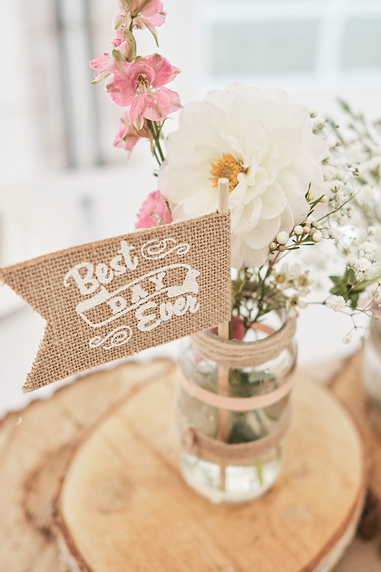 Table Centre Wood Slice Hessian Flag Best Day Ever Foxglove Dahlia Gypsophila Jar Flowers Wood Farm Barn Wedding Suffolk Faye Amare Photography
