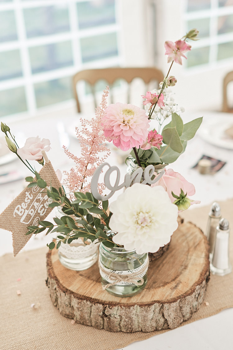 Table Centre Pink Flowers Floral Eucalyptus Dahlia Wood Slice Laser Cut Name Hessian Flag Runner Wood Farm Barn Wedding Suffolk Faye Amare Photography