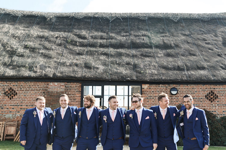 Groom Groomsmen Blue Three Piece Waistcoat Suit Pink Tie French Connection Wood Farm Barn Wedding Suffolk Faye Amare Photography