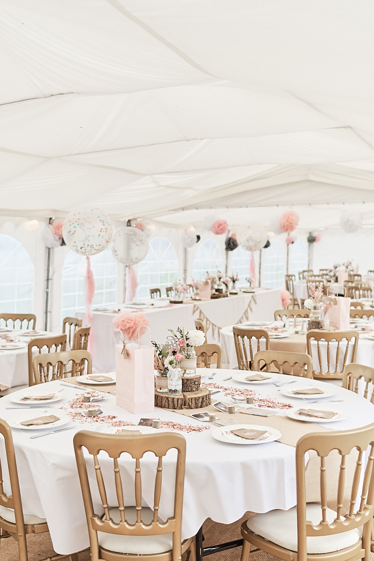 Marquee Pink White Blush Giant Confetti Balloons Tassel Wood Slice Hessian Runner Wood Farm Barn Wedding Suffolk Faye Amare Photography