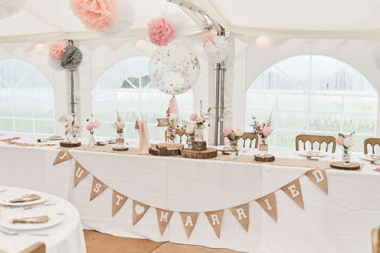 Top Table Hessian Just Married Bunting Wood Slice Tissue Paper Pom Pom Giant Confetti Balloons Wood Farm Barn Wedding Suffolk Faye Amare Photography