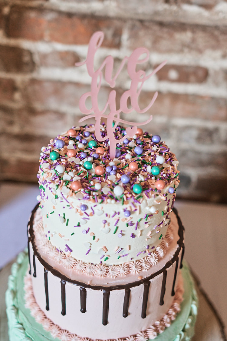 Tiered Cake Sprinkles Drip Buttercream Laser Cut Topper Wood Farm Barn Wedding Suffolk Faye Amare Photography