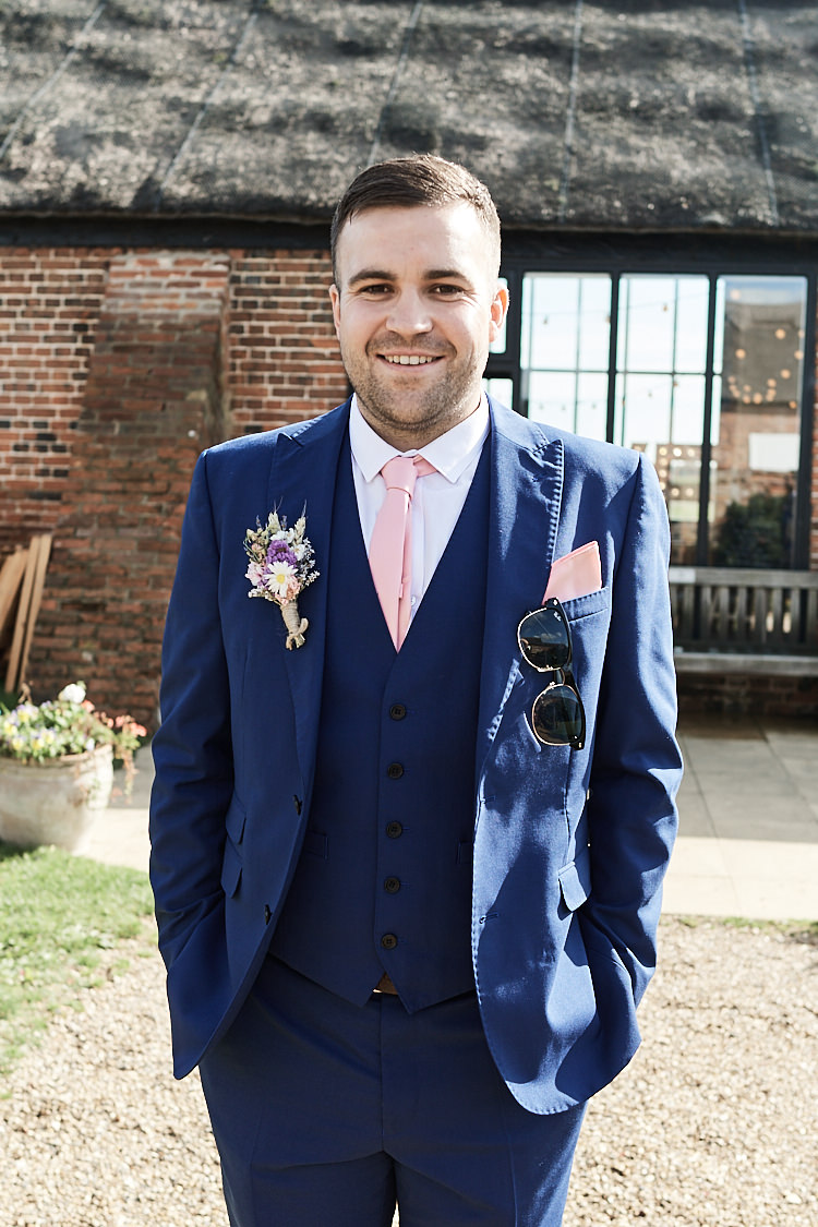 Groom Three Piece Blue Suit Waistcoat French Connection Pink Tie Pocket Square Hessian Buttonhole Wood Farm Barn Wedding Suffolk Faye Amare Photography