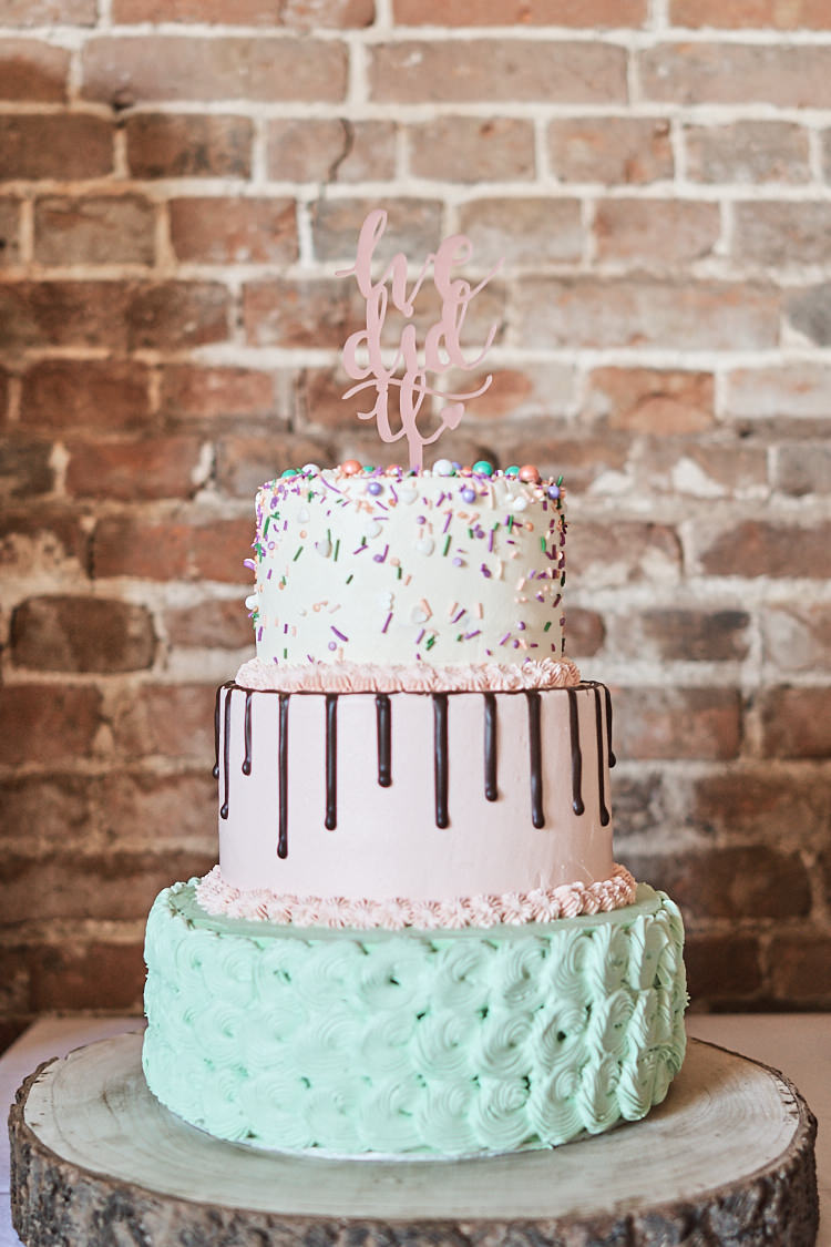 Tiered Cake Sprinkles Drip Buttercream Laser Cut Topper Pink Mint Green Wood Farm Barn Wedding Suffolk Faye Amare Photography