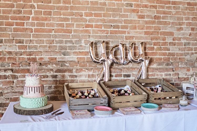 Brownies Dessert Table Wooden Vintage Crates Tiered Cake Wood Slice Stand Yay Metallic Balloons Wood Farm Barn Wedding Suffolk Faye Amare Photography