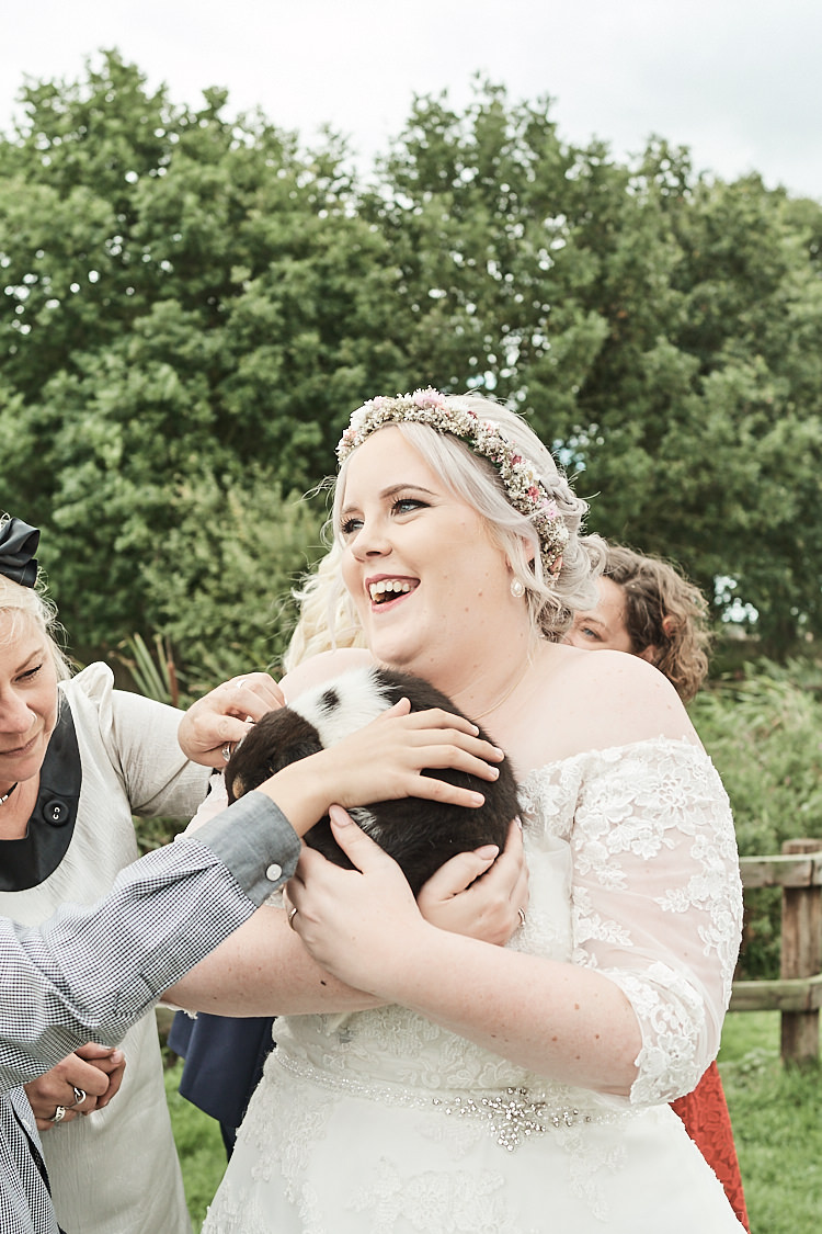 Bride Bridal A Line Sleeved Dress Gown Lace Off the Shoulder Dried Flower Crown Puppy Wood Farm Barn Wedding Suffolk Faye Amare Photography