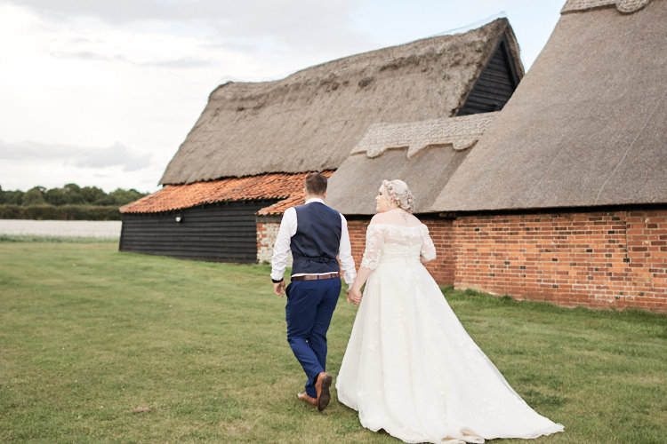 Bride Bridal A Line Sleeved Dress Gown Lace Off the Shoulder Dried Flower Floral Crown French Connection Groom Blue Waistcoat Three Piece Wood Farm Barn Wedding Suffolk Faye Amare Photography