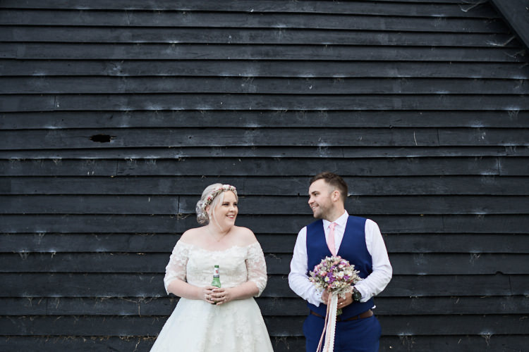 Bride Bridal A Line Sleeved Dress Gown Lace Off the Shoulder Dried Flower Floral Crown French Connection Groom Blue Waistcoat Three Piece Wood Farm Barn Wedding Suffolk Faye Amare Photography