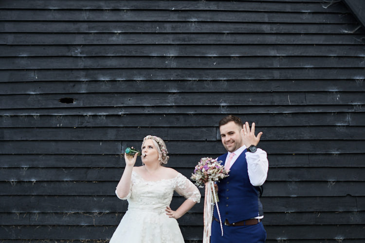 Bride Bridal A Line Sleeved Dress Gown Lace Off the Shoulder Dried Flower Floral Crown French Connection Groom Blue Waistcoat Three Piece Wood Farm Barn Wedding Suffolk Faye Amare Photography