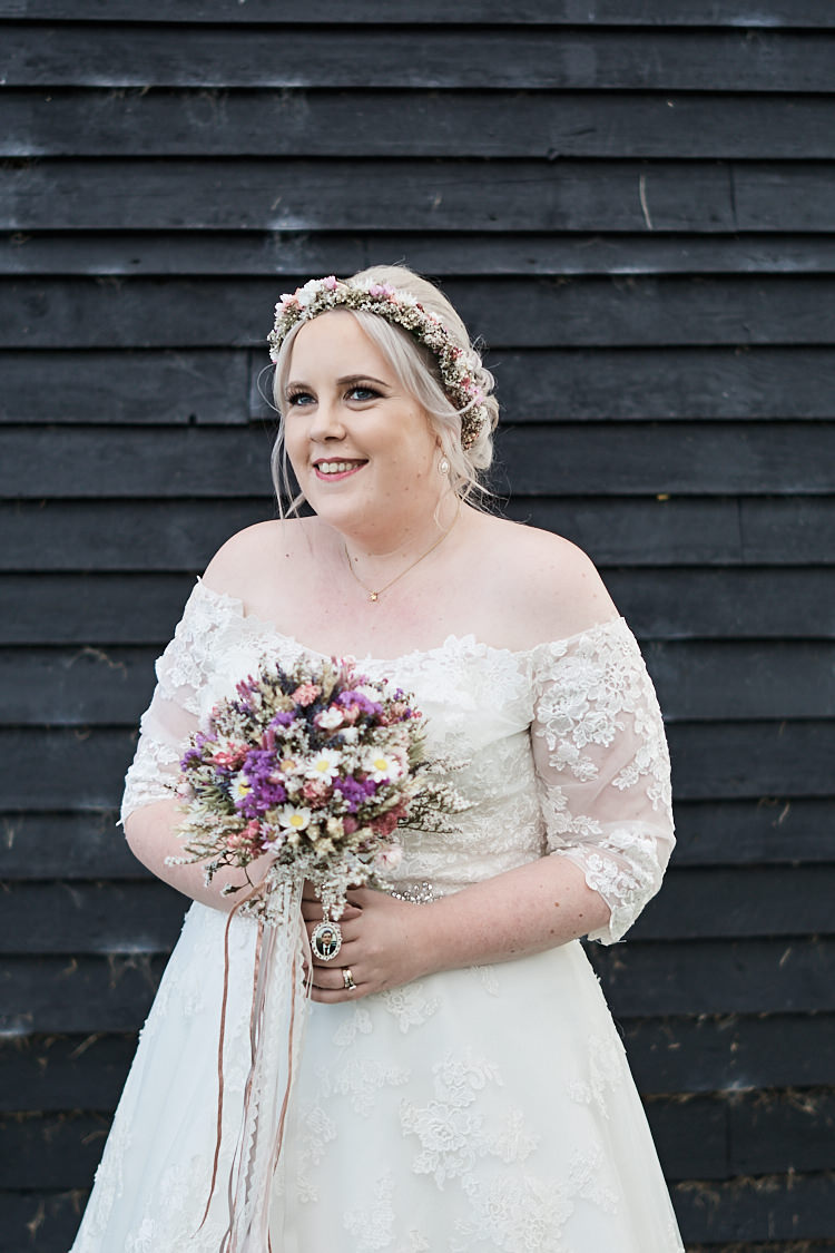 Bride Bridal A Line Sleeved Dress Gown Lace Off the Shoulder Dried Flower Floral Crown Bouquet Wood Farm Barn Wedding Suffolk Faye Amare Photography