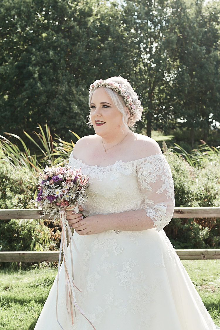 Bride Bridal A Line Sleeved Dress Gown Lace Off the Shoulder Dried Bouquet Wood Farm Barn Wedding Suffolk Faye Amare Photography